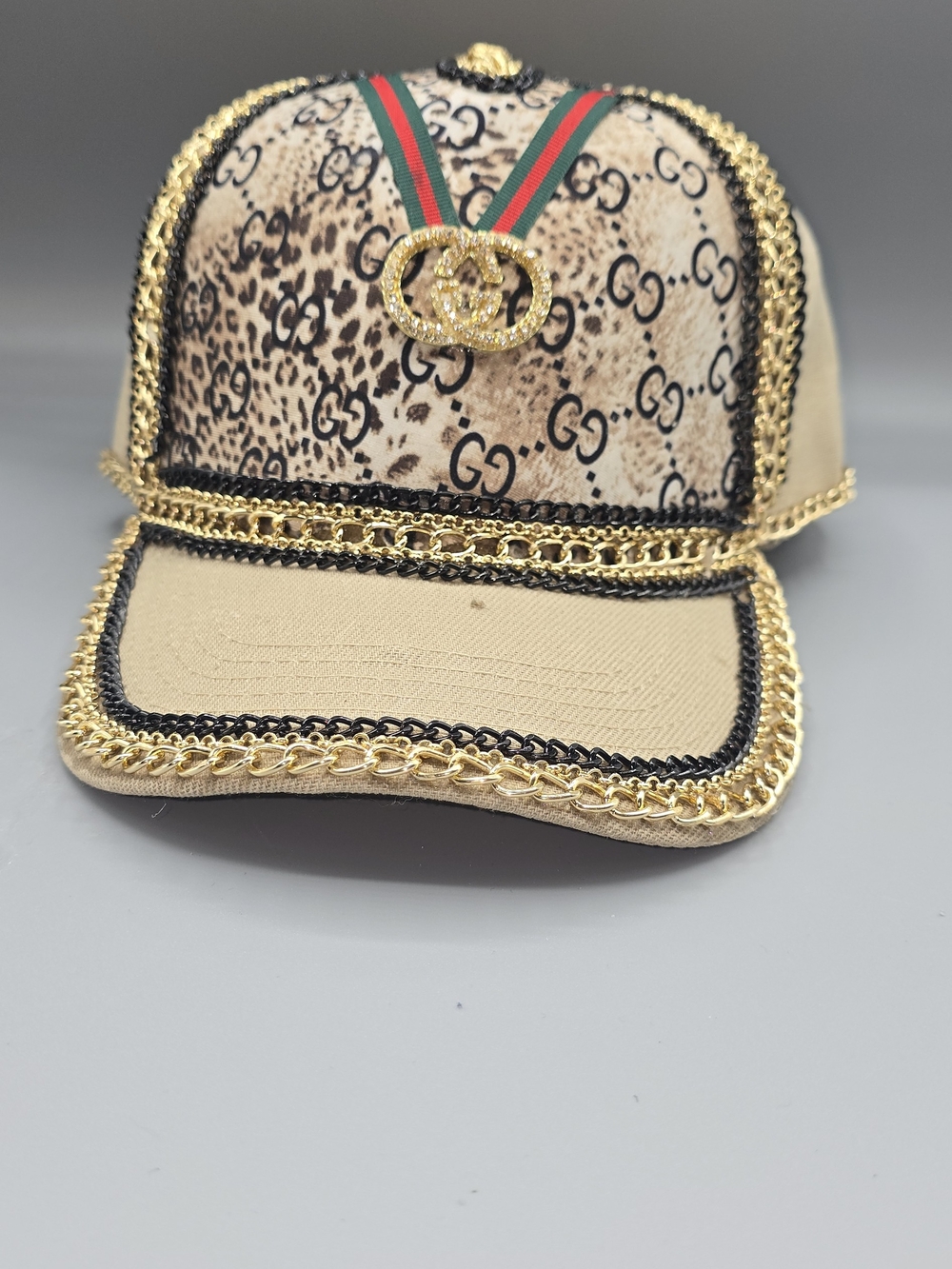 Beige Monogram Baseball Cap with Gold Chain Trim